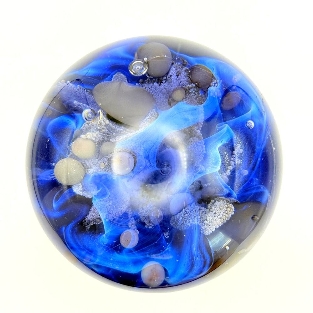 Unsigned Blue Paperweight Sea Ocean Pearl Swirl Bubbles Flora Fauna - Picture 2 of 10